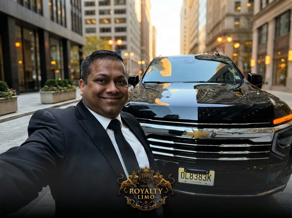 Royalty Limo Founder Founder of Royalty Limo standing beside executive transportation vehicle.